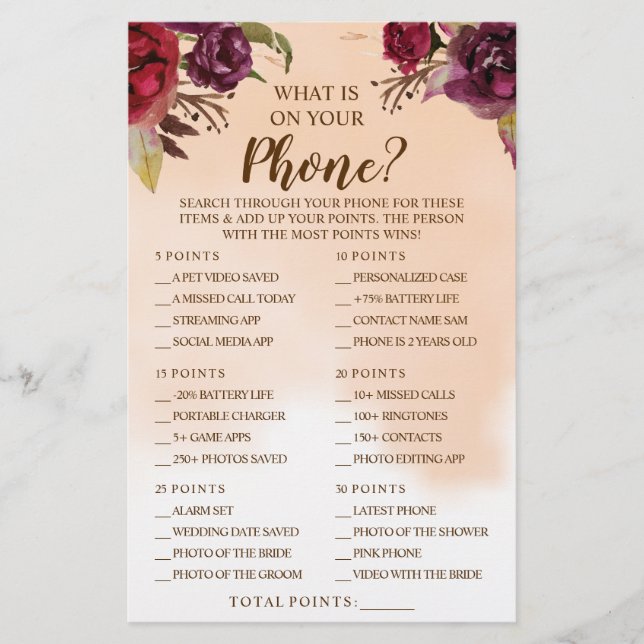 Flyer What is on your Phone Burgundy Shower Game Card (Frente)