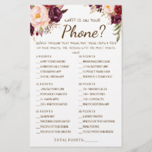 What is on your Phone Marsala Shower Game Card 