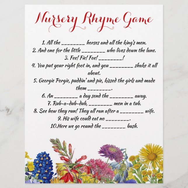 Flyer Wildflower Bloom Whimsical Floral Baby Shower Game (Frente)