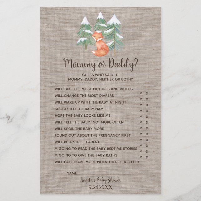 Flyer Winter Woodland Fox Mommy o Daddy Game (Frente)