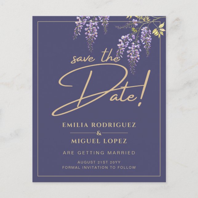 Flyer Wisteria Dusty Purple Gold Wedding Salva la fecha (Frente)