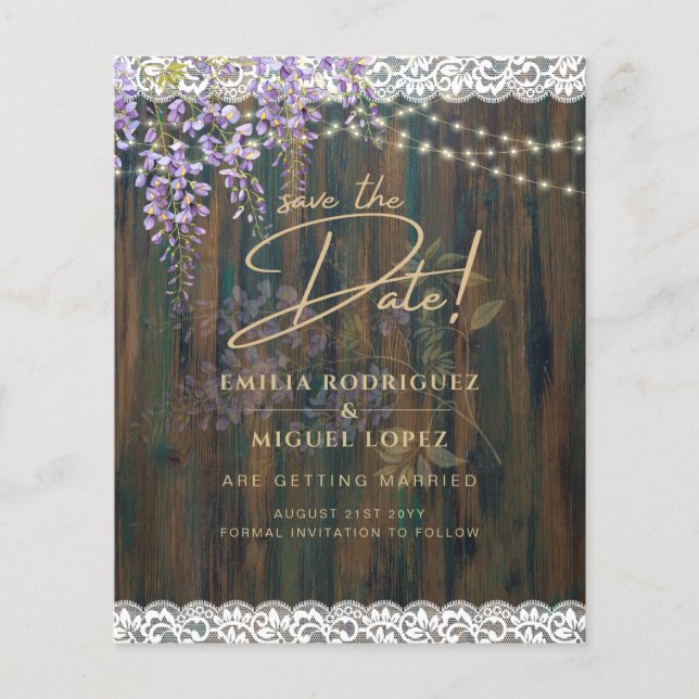 Flyer Wisteria Rústica Luces de Madera Boda Guardar fech (Frente)