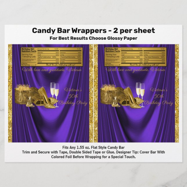 Flyer Woman Purple Gold Birday Party Candy Bar Wrapper (Frente)