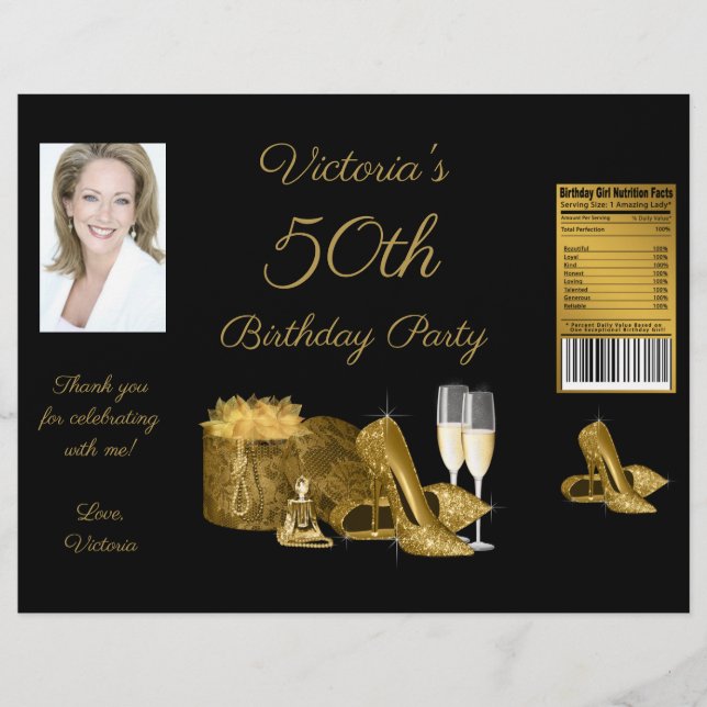 Flyer Womans Black Gold Party Birday Chip Bag Wrappers (Frente)