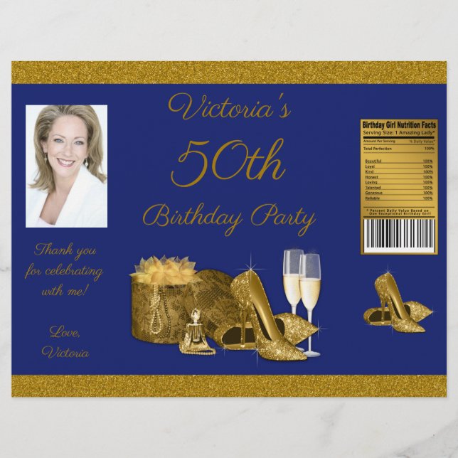 Flyer Womans Blue Gold Party Birday Chip Bag Wrapper (Frente)