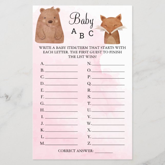Flyer Woodland Animals Baby ABC Ducha Tarjeta de juego (Frente)