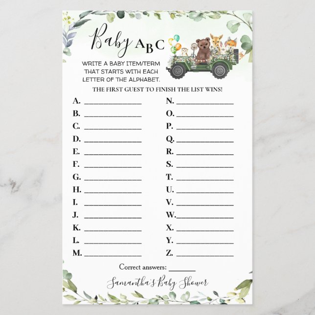 Flyer Woodland Animals Baby ABC Tarjeta de juego para Ba (Frente)