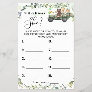 Flyer Woodland Animals Where was Mom Shower Game Card