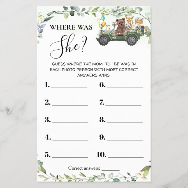 Flyer Woodland Animals Where was Mom Shower Game Card (Frente)