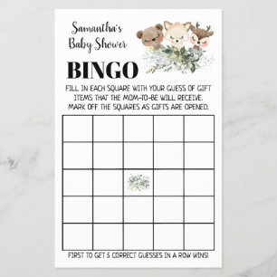 Flyer Woodland Baby Shower Bingo bilingual game card