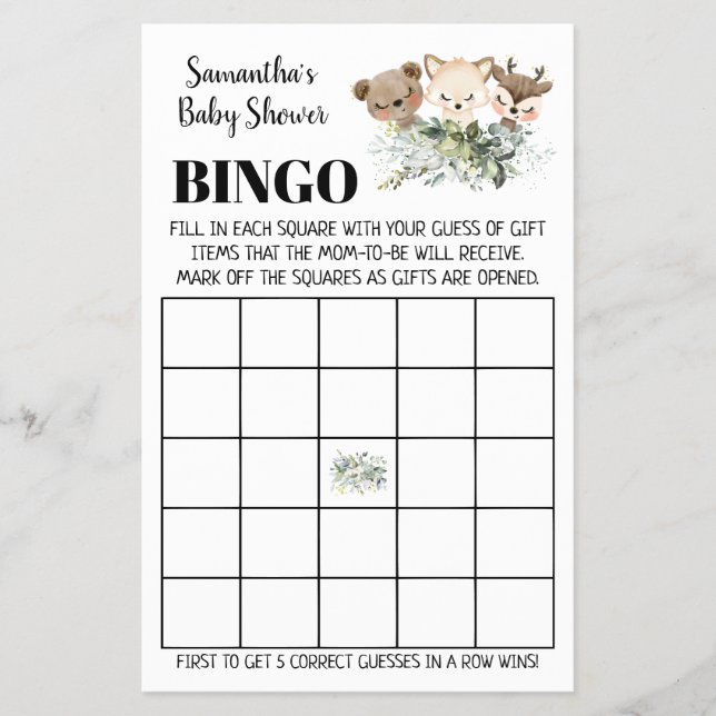 Flyer Woodland Baby Shower Bingo bilingual game card (Frente)