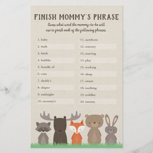 Flyer Woodland Baby Shower termina el juego de la frase  (Frente)