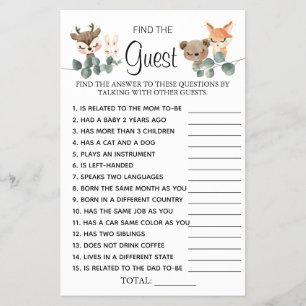 Flyer Woodland Encuentra la tarjeta de juego Baby Shower