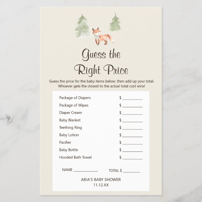 Flyer Woodland Fox Baby Shower adivina el juego de los p (Frente)