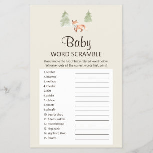 Flyer Woodland Fox Baby Shower Baby Word Scramble Game