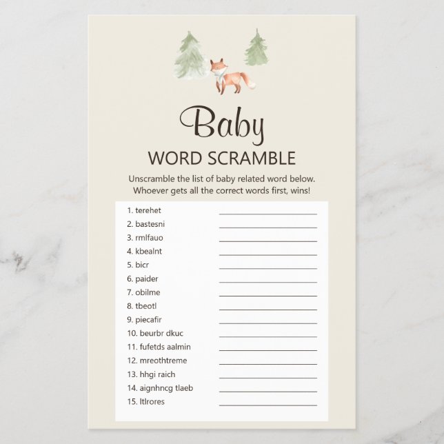 Flyer Woodland Fox Baby Shower Baby Word Scramble Game (Frente)