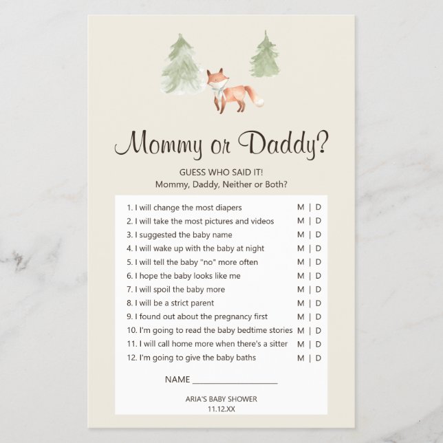 Flyer Woodland Fox Baby Shower Mommy o Daddy Game (Frente)