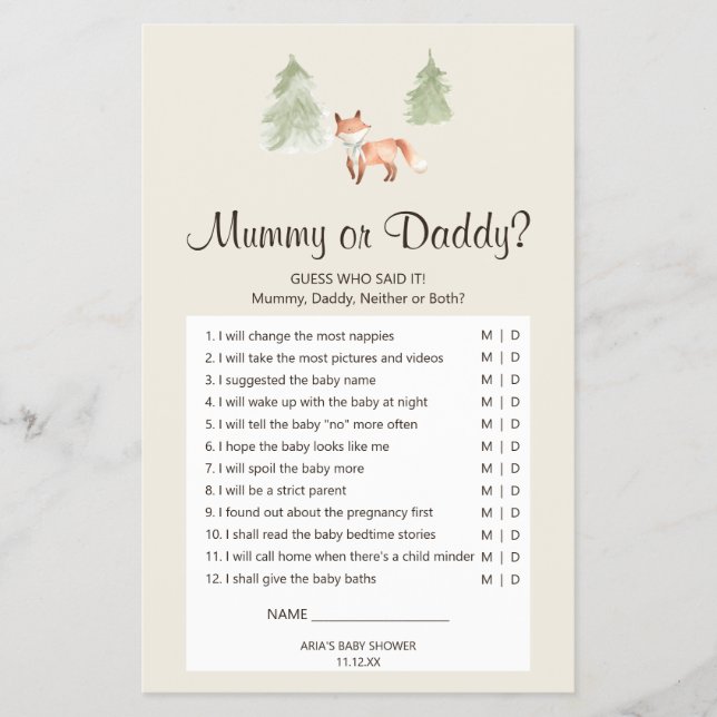 Flyer Woodland Fox Baby Shower Mummy o Daddy Game (Frente)