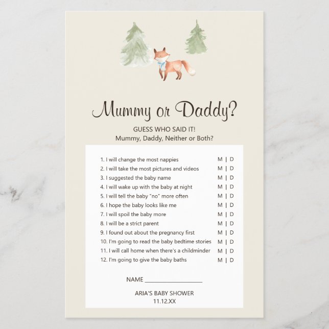 Flyer Woodland Fox Boy Baby Shower Mummy o Daddy Game (Frente)