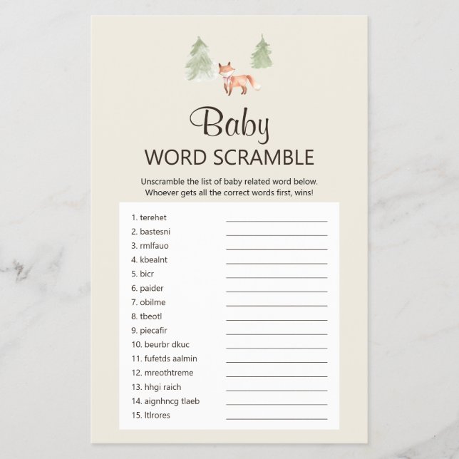 Flyer Woodland Fox Chica Shower Baby Word Scramble Game (Frente)