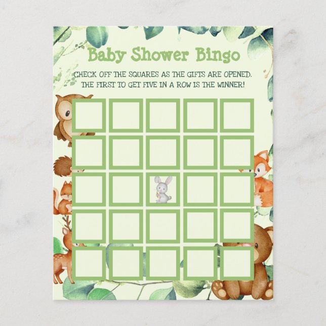 Flyer Woodland Greenery Eucalyptus Baby Shower Bingo (Frente)