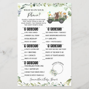Flyer Woodland Whats en tu tarjeta de juego Baby Shower