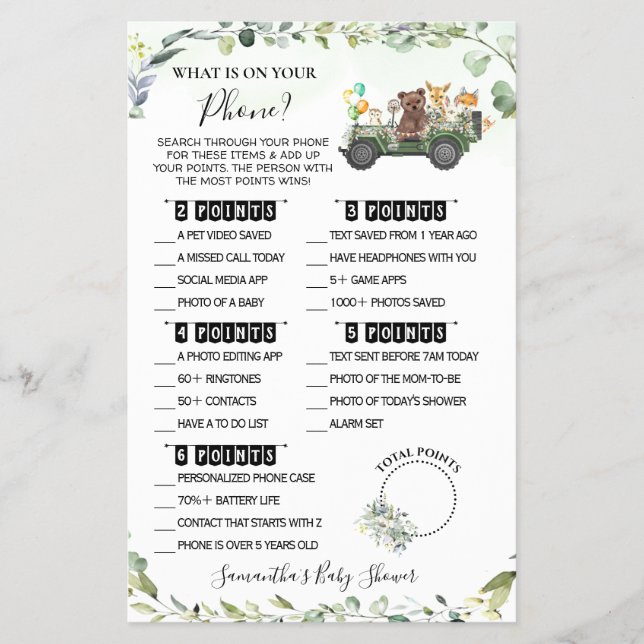 Flyer Woodland Whats en tu tarjeta de juego Baby Shower  (Frente)