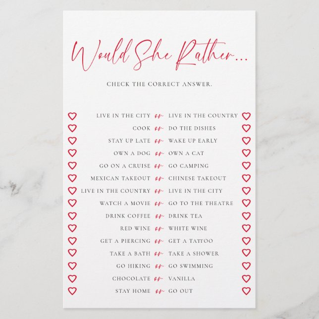 Flyer Would She Rather Valentine Chic Bridal Shower Game (Frente)