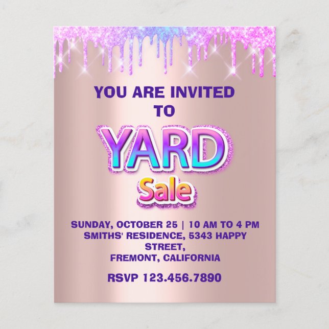 Flyer Yard Sale Garage Sale Rosas Holográficos (Frente)