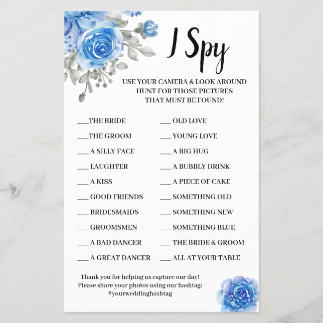 Flyer Yo Spy Blue Flowers Boda Tarjeta de Juego de Recep (Frente)