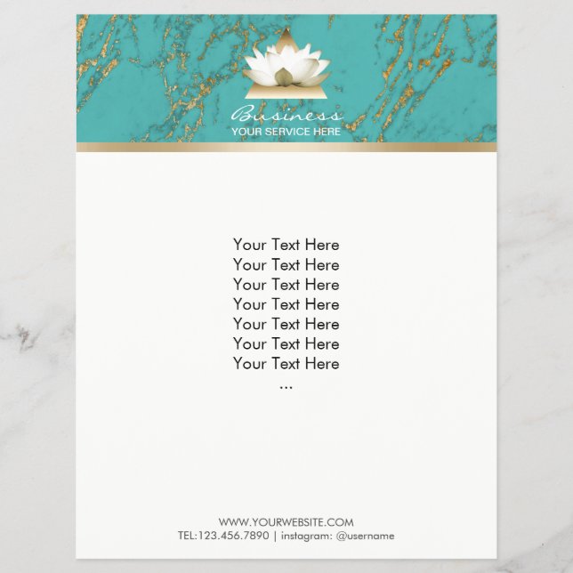 Flyer Yoga Gold Lotus moderno turquesa y mármol dorado (Frente)