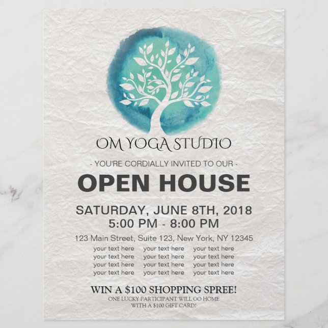 Flyer YOGA Studio Open House Meditación Árbol acuático (Frente)