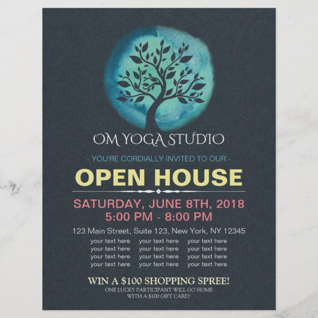 Flyer YOGA Studio Open House Meditación Árbol acuático (Frente)