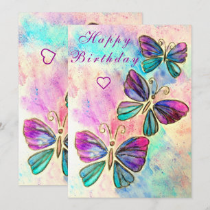 Flying Butterflies Happy Birday Card Watercolor