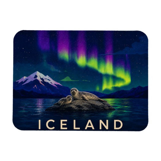 Focas Marinas Bajo la Aurora Islandia Flexi Imán (Horizontal)