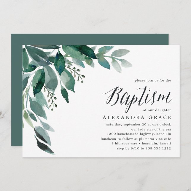 Foliage Abundante | Invitación al bautismo (Anverso / Reverso)
