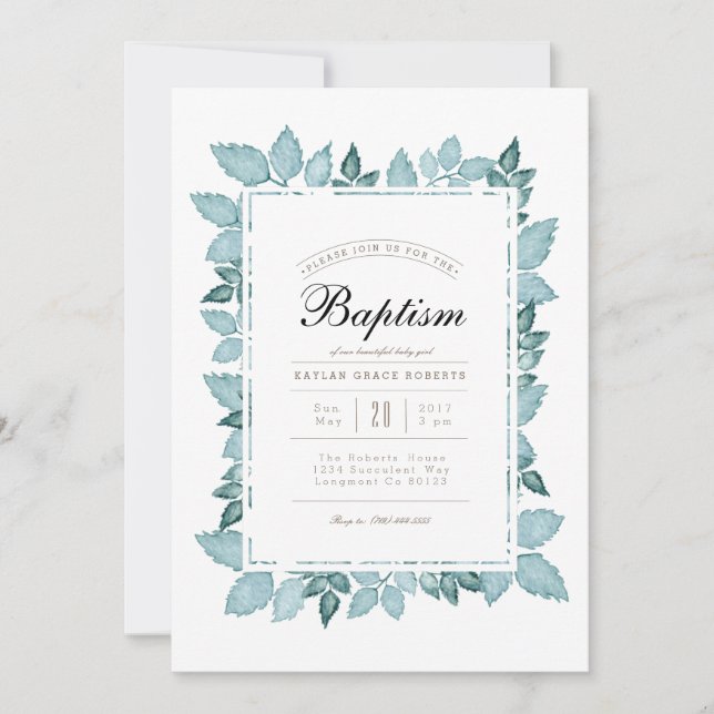Foliage azul | Invitación a bautismo acuarela (Anverso)