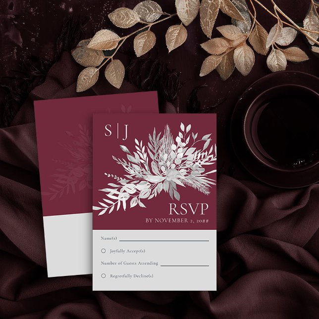 Foliage botánico Boda en Monograma Borgoña RSVP (RSVP Card in Burgundy and Grey from the Foliage Duet Collection by Darling & May)