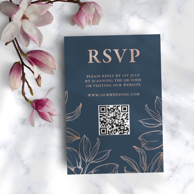 Foliage de oro azul y Rosa moderno RSVP QR Boda (Subido por el creador)