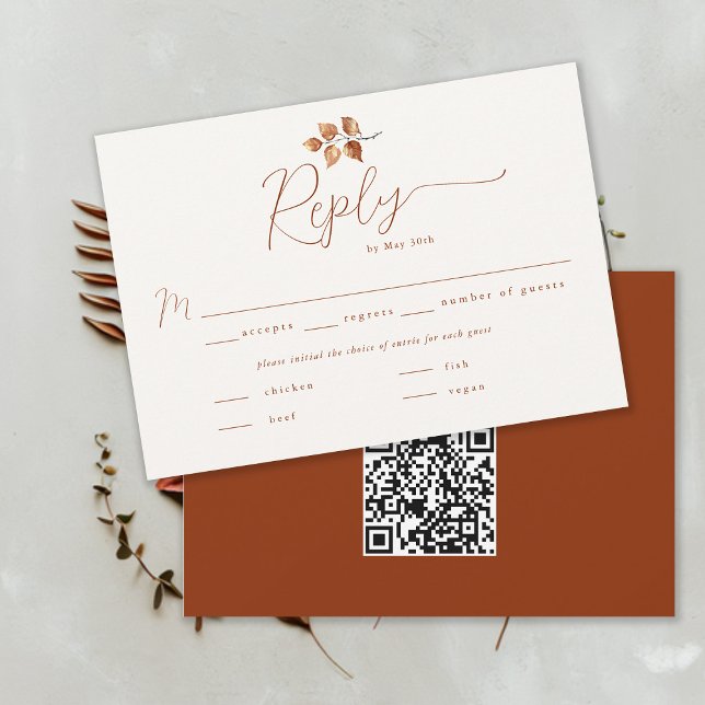 Foliage de Otoño Boda otoño de Terracota QR RSVP (Autumn Foliage Fall Wedding RSVP Card Meal Choice QR Code Terracotta Calligraphy Modern Elegant)
