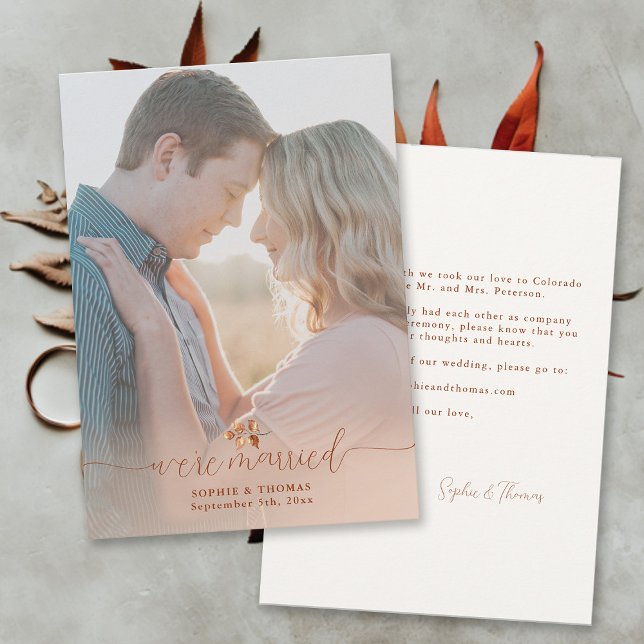 Foliage de Terracotta Invitación de Elopement (Were Married Terracotta Photo Elopement Announcement Modern Calligraphy Elegant Feminine Fall Autumn)