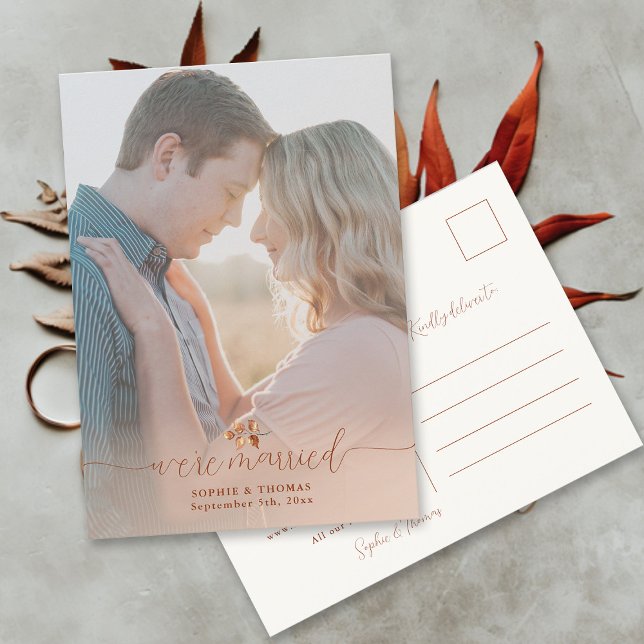 Foliage de Terracotta Invitación de Elopement (Elopement Postcard Fall Autumn Wedding Photo Elegant Calligraphy Modern Simple Classy Terracotta)