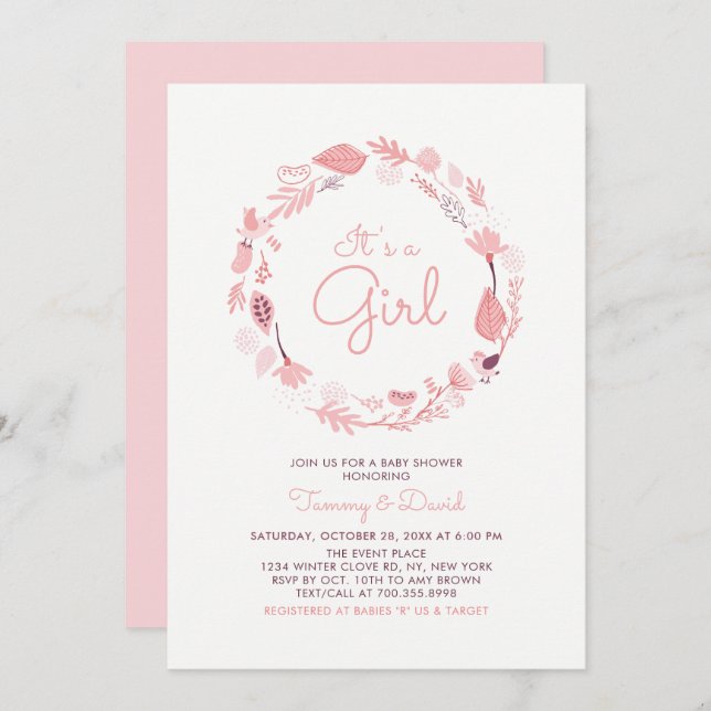 Foliage rosa | Invitación a Baby Shower de Chica C (Anverso / Reverso)