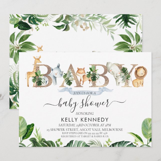 Foliage Safari Animals Word Invitación de Baby Sho (Anverso / Reverso)