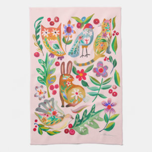 Folk Art Floral Animal Friends Pink Kitchen Toalla