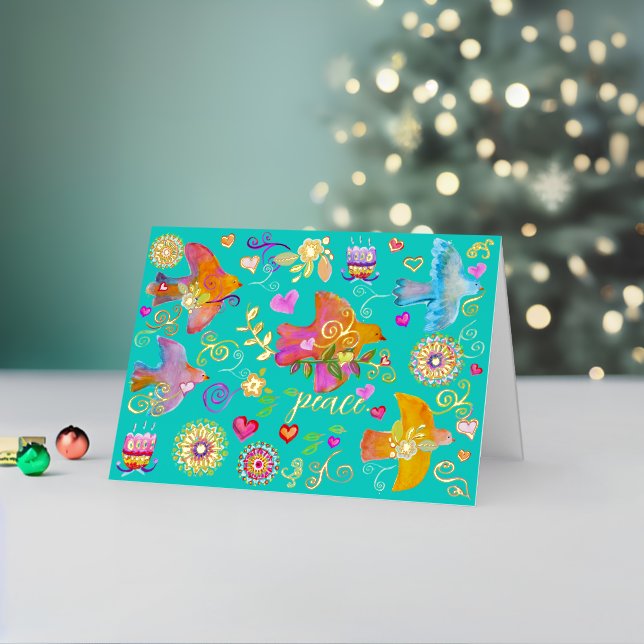 Folk Art Peace Doves Folded Foil Holiday Card (Vacaciones in situ 2)