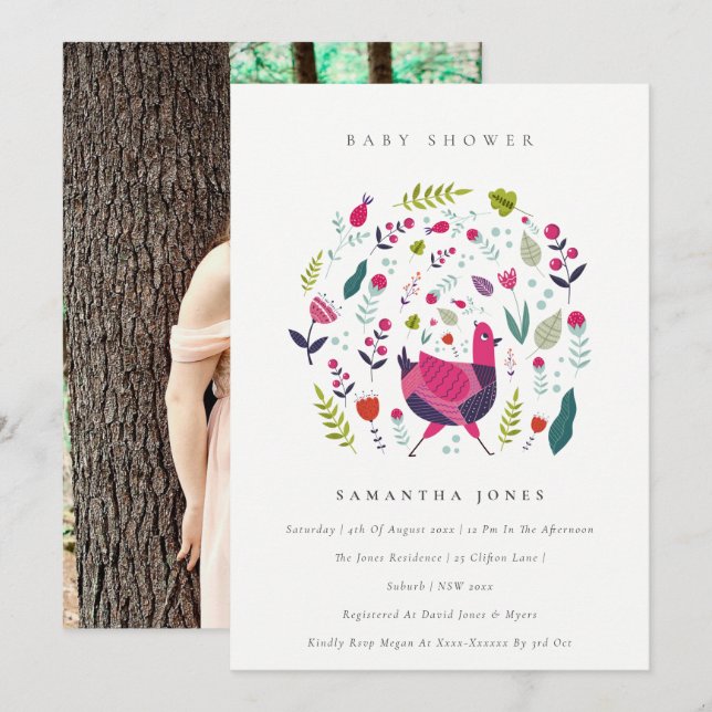 Folk Farm Floral Birdie Invitación a Baby Shower c (Anverso / Reverso)