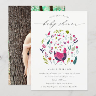 Folk Farm Floral Birdie Invitación a Baby Shower c