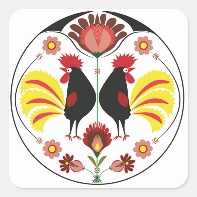 Folklore polaco con gallos decorativos, Pegatina (Anverso)