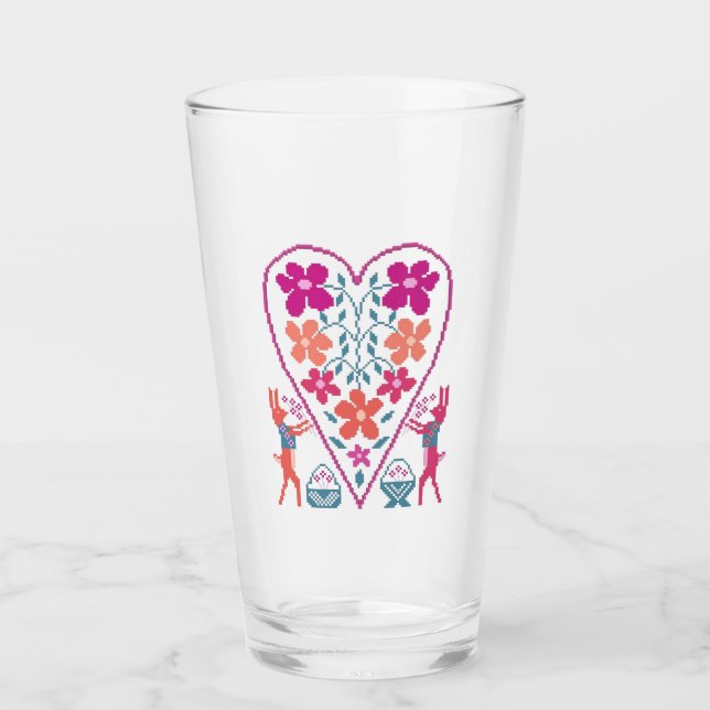 Folky Floral Heart with Rabbits Glass Cup (Anverso)